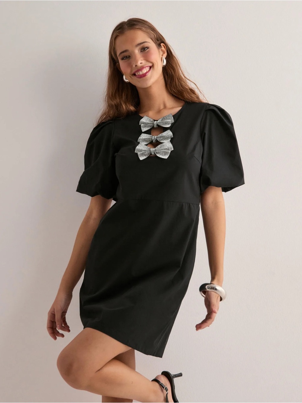 Vero Moda Black Mini Dress with Silver Bow Accents